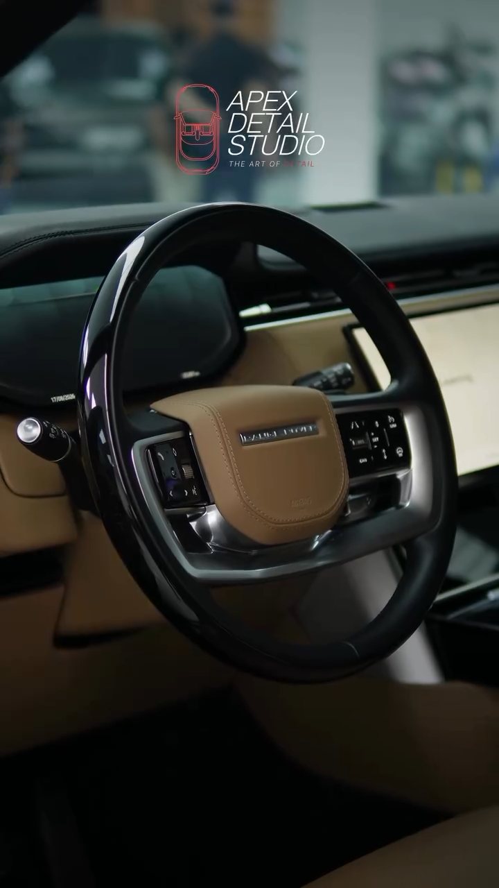 Range Rover steering wheel and tan cabin in Dubai