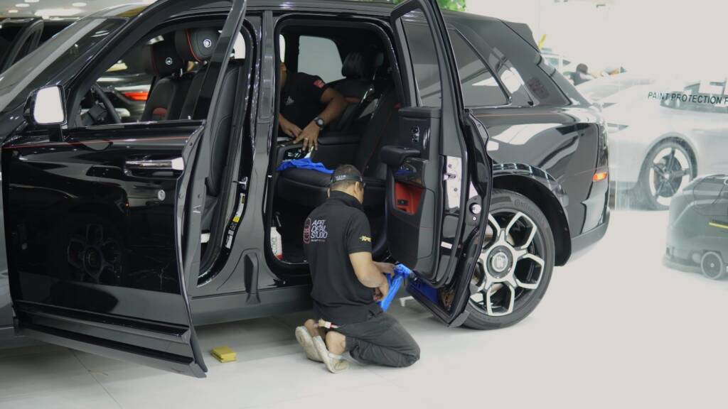 Black Rolls-Royce Cullinan interior detail starting at Apex Detail Studio Dubai