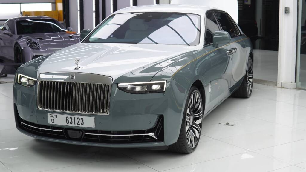 Front view of a Rolls-Royce Ghost after two-tone PPF at Apex Detail Studio Dubai