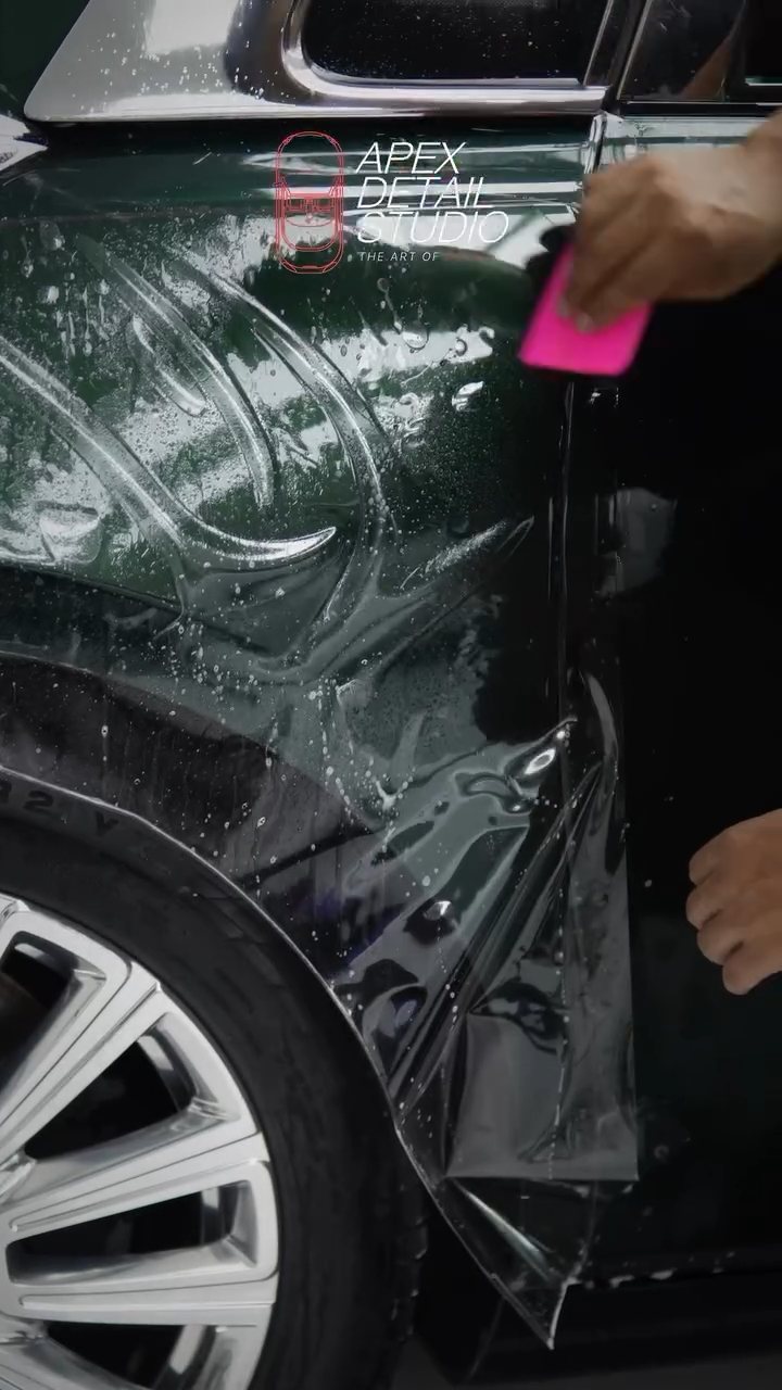 Film fitted around the Rolls-Royce Phantom rear wheel arch at Apex Detail Studio Dubai
