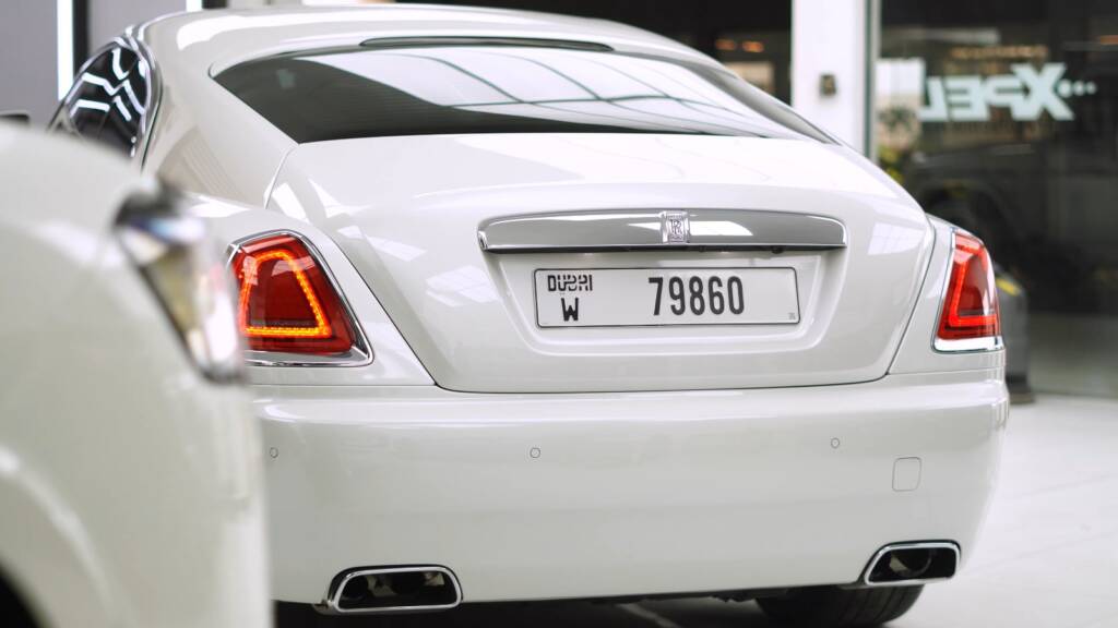 White Rolls-Royce Wraith rear after full detail in Dubai