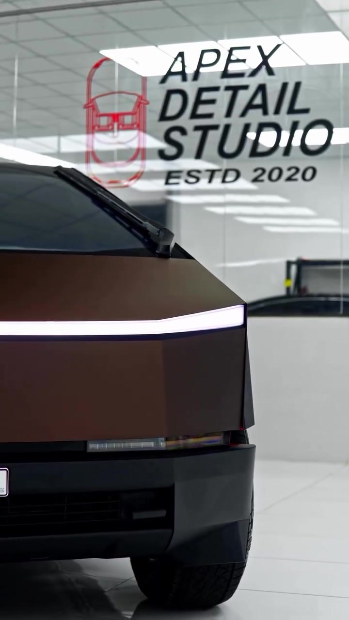 Tesla Cybertruck front in brown colour PPF under the Apex Detail Studio sign