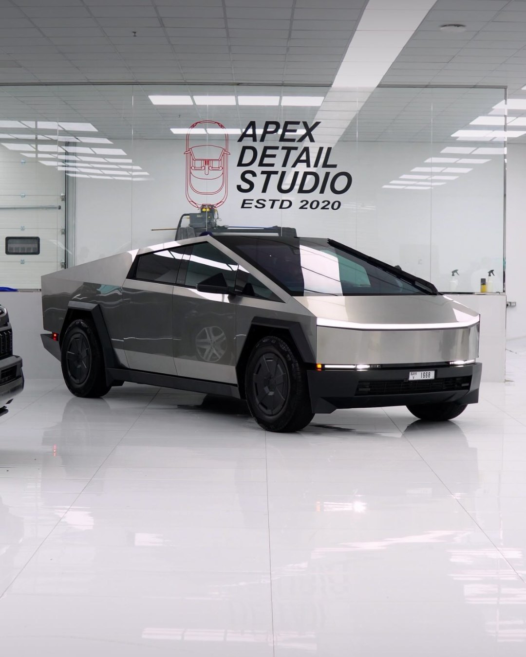 Tesla Cybertruck, clear gloss PPF, full clear gloss PPF, protecting the stainless steel from scratches and chips, at Apex Detail Studio in Dubai