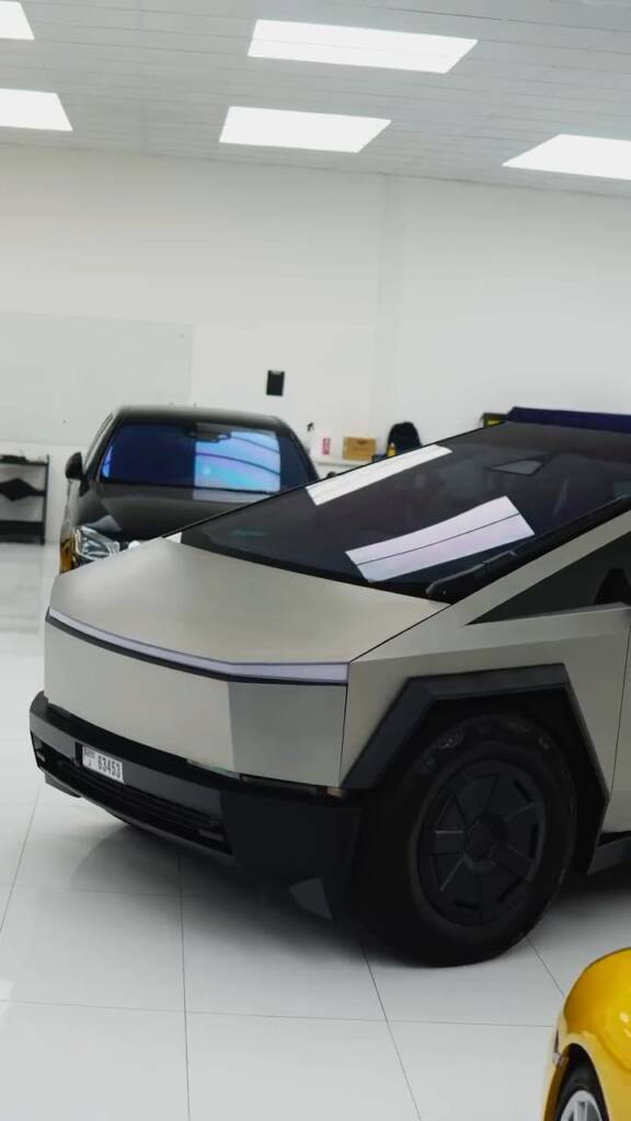 Tesla Cybertruck finished in full body clear PPF at Apex Detail Studio Dubai, keeping the stainless steel look