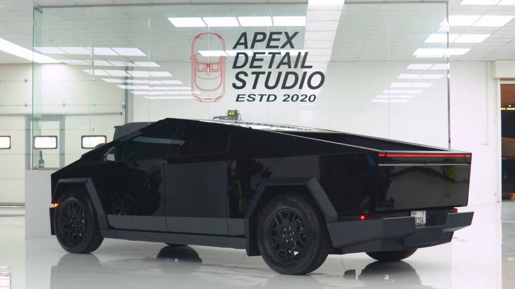 Rear three quarter view of a gloss black colour PPF Tesla Cybertruck in Dubai