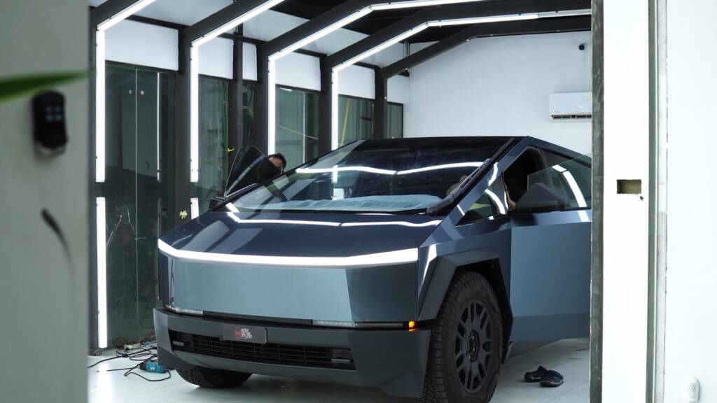 Tesla Cybertruck in the Apex Detail Studio before window tinting in Dubai