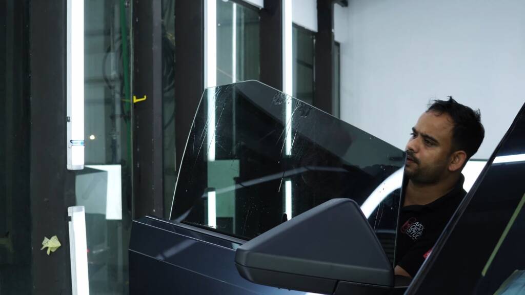 Preparing Tesla Cybertruck door glass for window tint