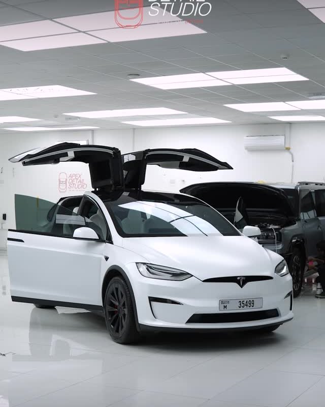 Tesla Model X Plaid, white, full body PPF and premium window tint, at Apex Detail Studio in Dubai