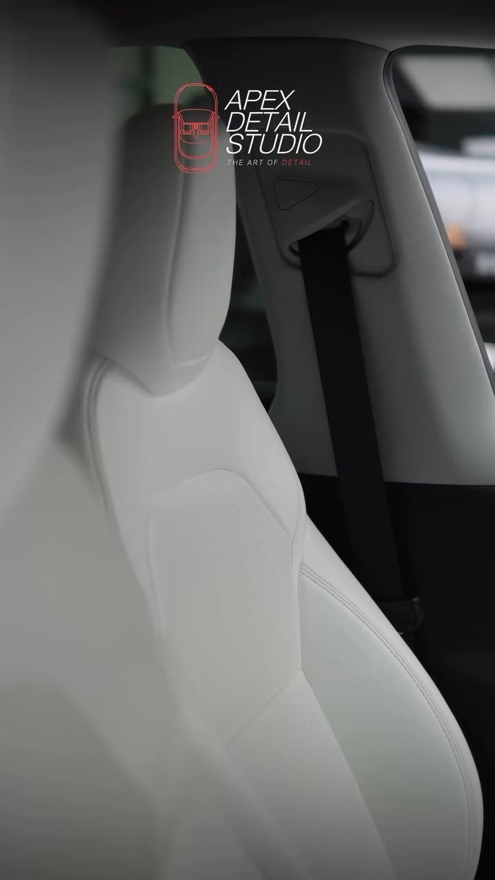 Tesla Model Y white seat after interior ceramic coating at Apex Detail Studio Dubai