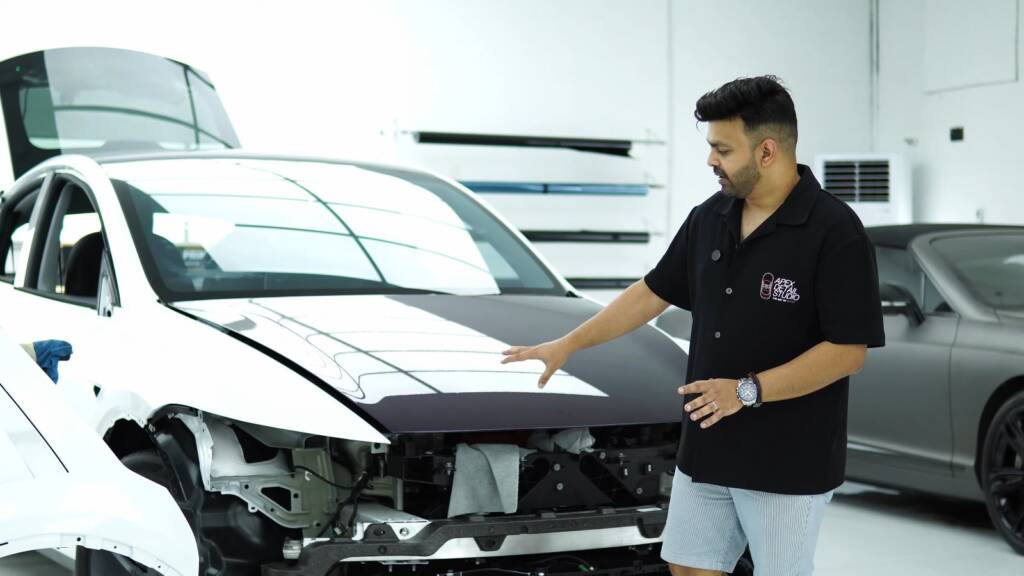 Tesla Model Y Juniper with front bumper removed for wrapping