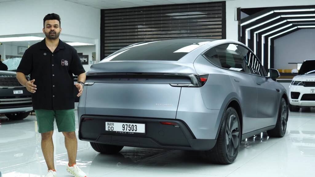 Rear walkround of a satin Tesla Model Y Juniper in Dubai