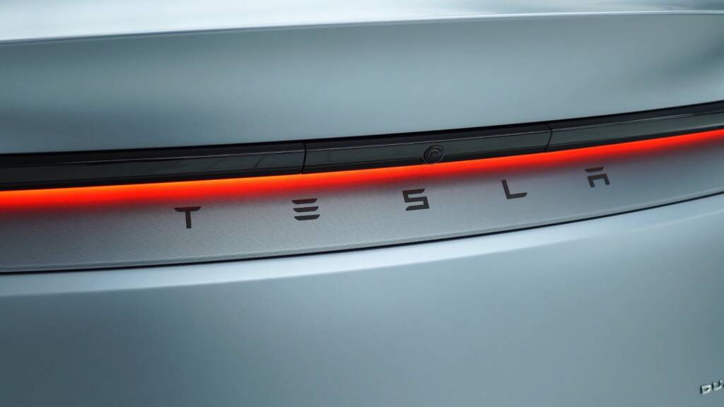 Tesla lettering on a satin Model Y Juniper rear